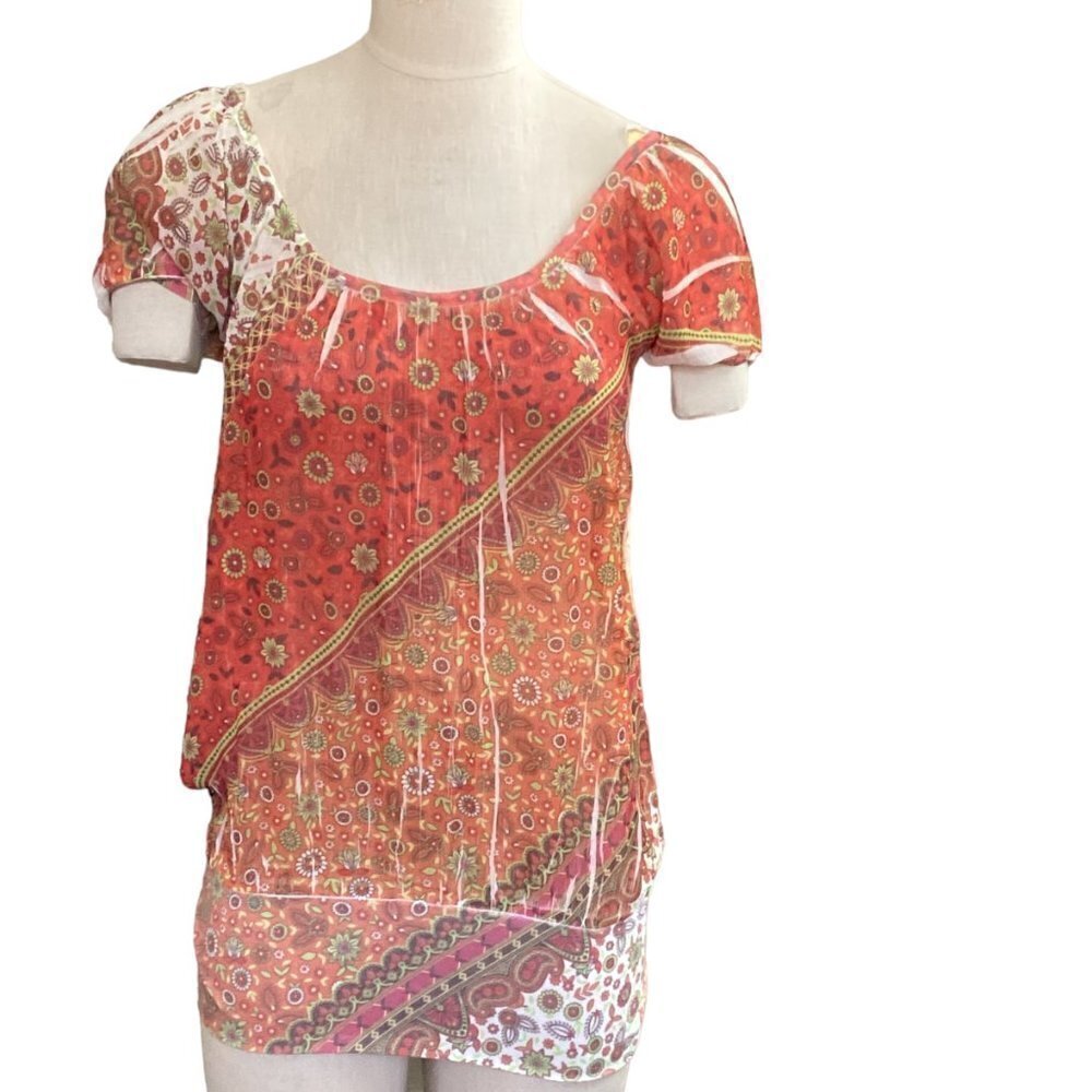 Fang Sheer BOHO Peasant Top Patchwork Ditsy Floral Sz M #126G